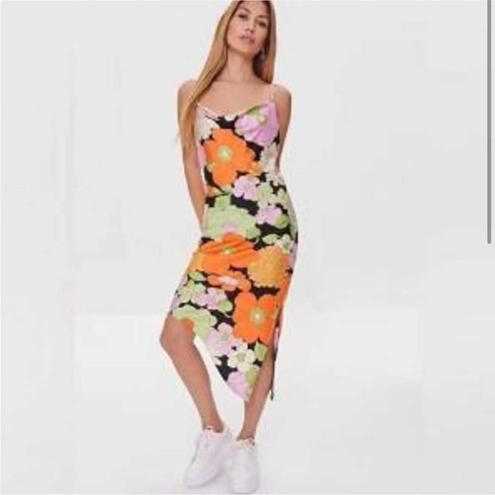Forever 21 Black Slip Dress with Orange, Pink & Green Floral Print